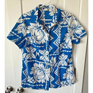 Vintage 50s 60s Hawaiian Blue Maier Specialty Shops Floral Blue Button Up Shirt